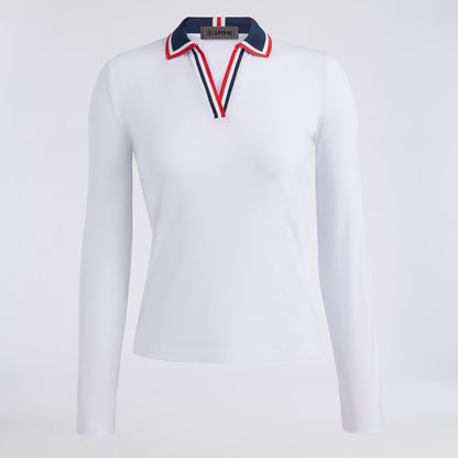 CONTRAST JOHNNY COLLAR TECH NYLON RIB LONG SLEEVE POLO - US 5156