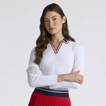 CONTRAST JOHNNY COLLAR TECH NYLON RIB LONG SLEEVE POLO - US 5156