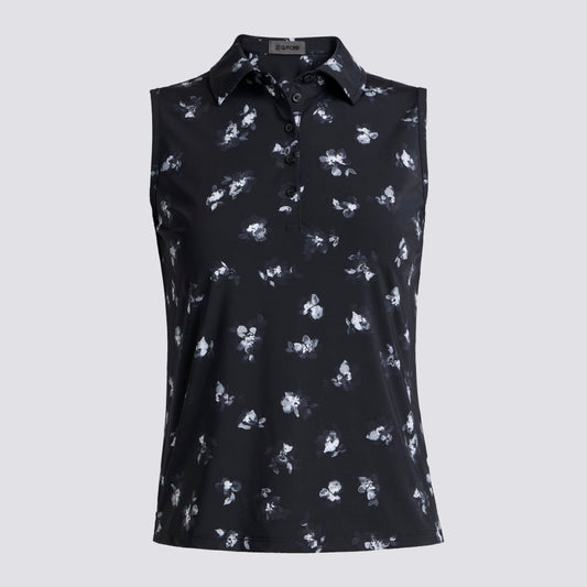 MOODY FLORAL SILKY TECH NYLON SLEEVELESS POLO - US 7334