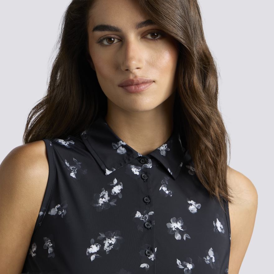 MOODY FLORAL SILKY TECH NYLON SLEEVELESS POLO - US 7334