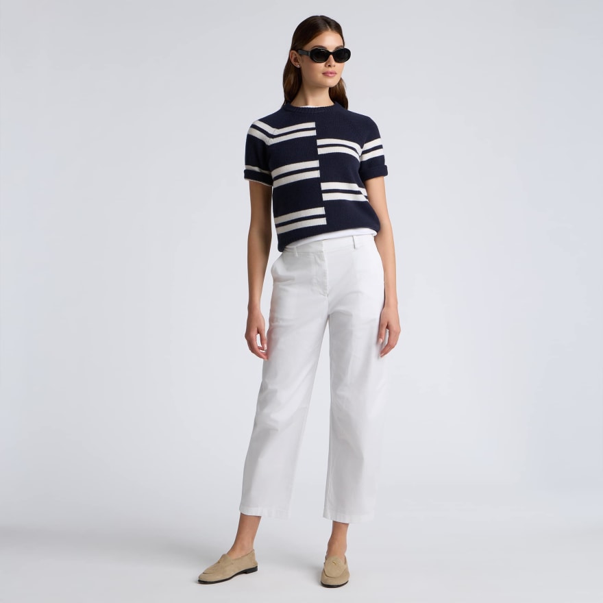 LTD RELEASE OFFSET STRIPE CASHMERE SHORT SLEEVE CREWNECK SWEATER - US 8597